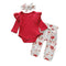 3 Pcs Set Baby Girl Red Ruffle Sleeves Bodysuit And Floral Pant And Headband