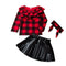 3 Pcs Set Cute Girl Red Plaid Print Tops And PU Leather Skirts And Headband