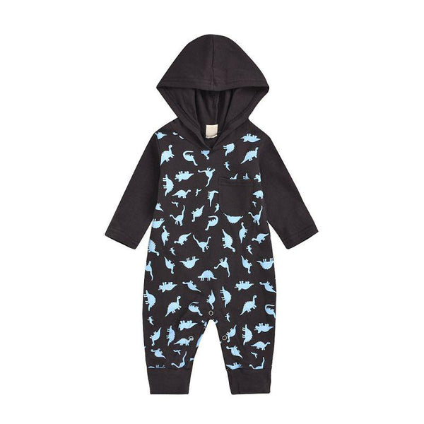 Baby Infant Toddler Boys Cotton Cartoon Dinosaur Print Long Sleeves Hooded Jumpsuit