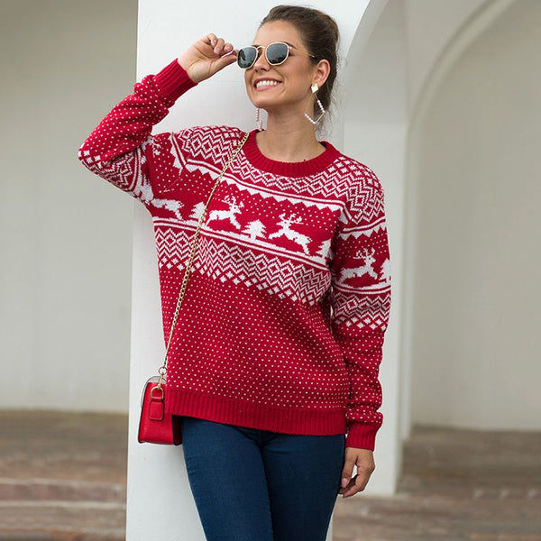 New Arrival Women Round Collar Long-sleeve Christmas Elk Pattern Sweater