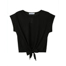 Women Fashion Round Collar Hem Knotted Design Solid Color Crop Top