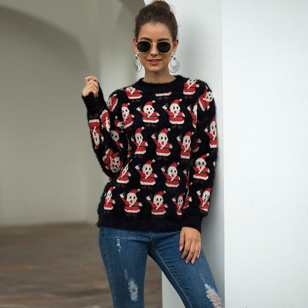 Cartoon Santa Claus Pattern Women Long-sleeve Christmas Sweater