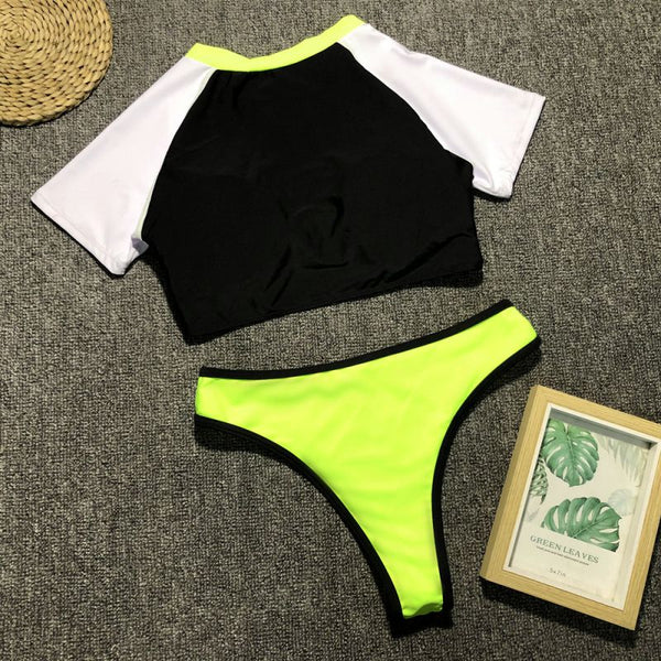 Fashion Patchwork Block Color Design Women Sporty Two-pieces Tankinis Swimwear