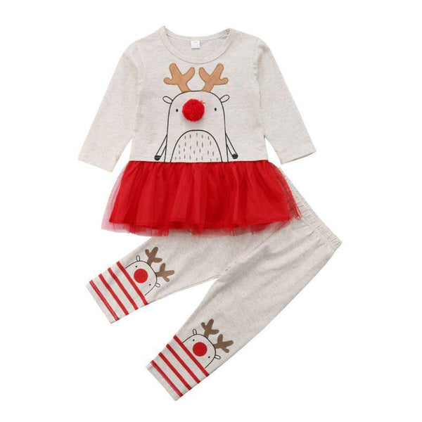2 Pcs Set Baby Girl Cute Christmas Elk Print Tutu Patchwork T-shirt And Pant