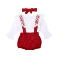 3 Pcs Set Cute Baby Girl White Lace Design Tops And Red Shorts Overalls With Bowknot Headband