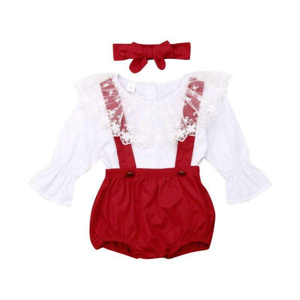 3 Pcs Set Cute Baby Girl White Lace Design Tops And Red Shorts Overalls With Bowknot Headband