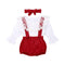 3 Pcs Set Cute Baby Girl White Lace Design Tops And Red Shorts Overalls With Bowknot Headband