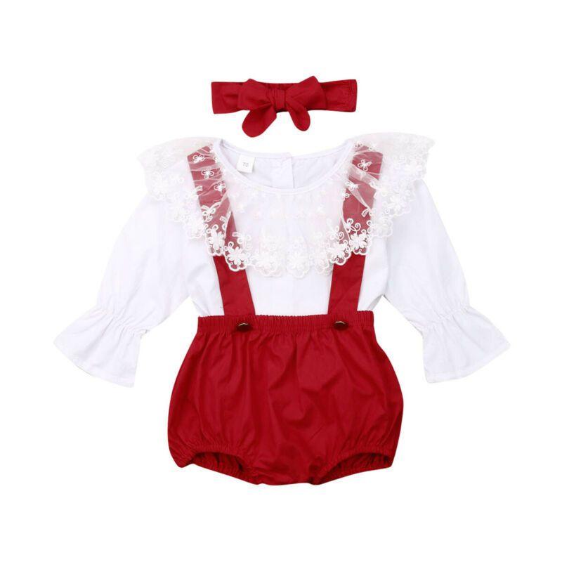 3 Pcs Set Cute Baby Girl White Lace Design Tops And Red Shorts Overalls With Bowknot Headband