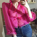 Women Sexy Ruffled Neck Lantern Sleeve See-through Mesh Blouses