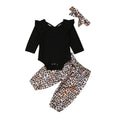 3 Pcs Set Baby Girl Black Long Sleeves Bodysuits And Leopard Print Pants And Headband