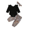 3 Pcs Set Baby Girl Black Long Sleeves Bodysuits And Leopard Print Pants And Headband