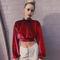 Hot Sale Women Velvet Fabric Mock Neck Cropped Sweatshirt