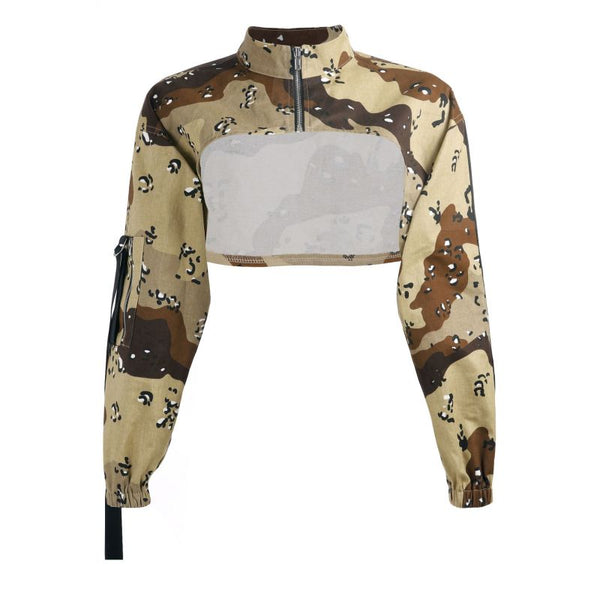 Fashion Sexy Cut-out Pattern Stand Collar Camouflage Print Zipper Sweatshirt