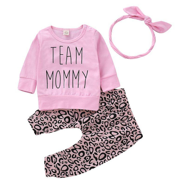 3 Pcs Set Baby Girl Pink Letter Print Long Sleeves T-shirts And Leopard Print Pants And Headband