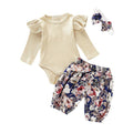 3 Pcs Set Baby Girl Solid Color Ruffle Sleeves Bodysuits  And Floral Print Pants With Headbands