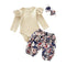 3 Pcs Set Baby Girl Solid Color Ruffle Sleeves Bodysuits  And Floral Print Pants With Headbands