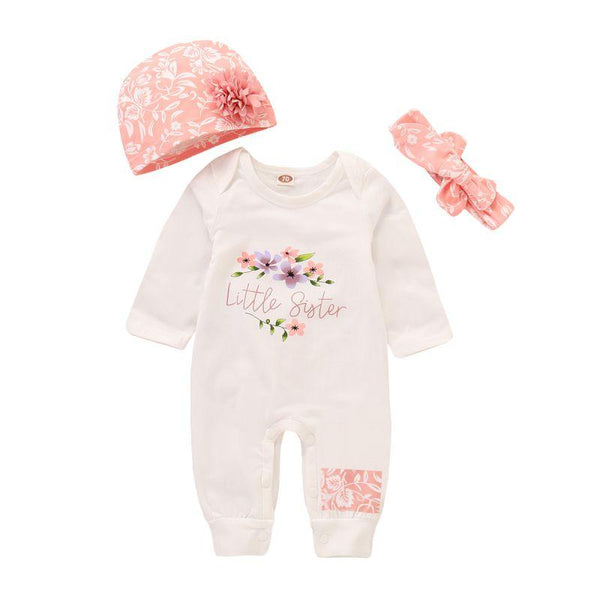 3 Pcs Set Baby Girl Cotton Letter Print Long Sleeves Jumpsuit With Hat And Headband