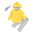 3 Pcs Set Baby Infant Toddler Cotton Yellow Plain Hoodies And Stripes Print Pants With Headband