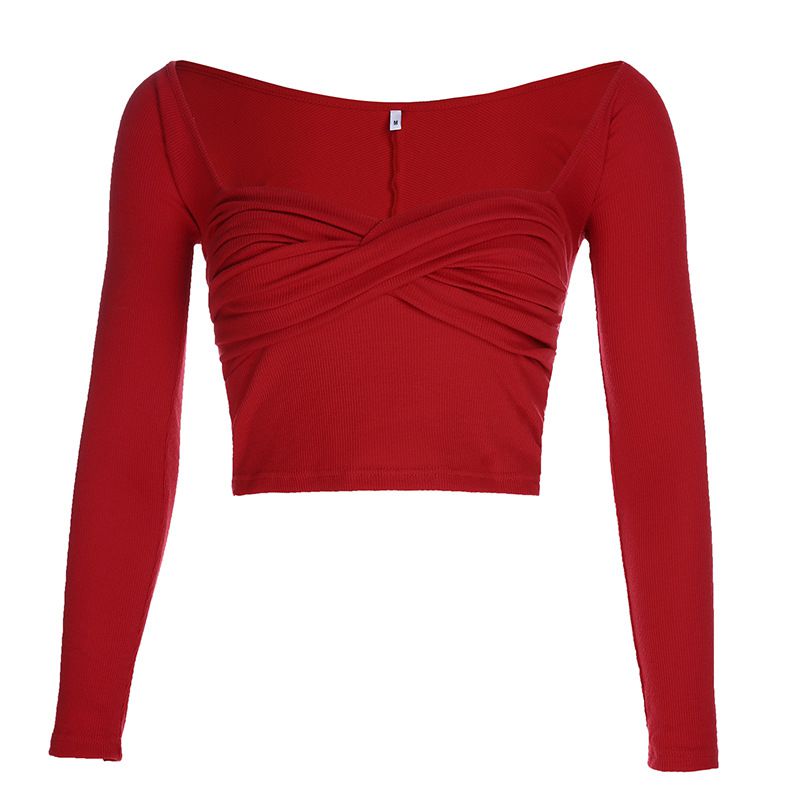 Elegant Women Sexy Square Neck Long-sleeve Figure Flattering Crop Top