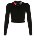 Fashion Women Lapel Long-sleeve Zipper Figure Flattering Cropped T-shirt