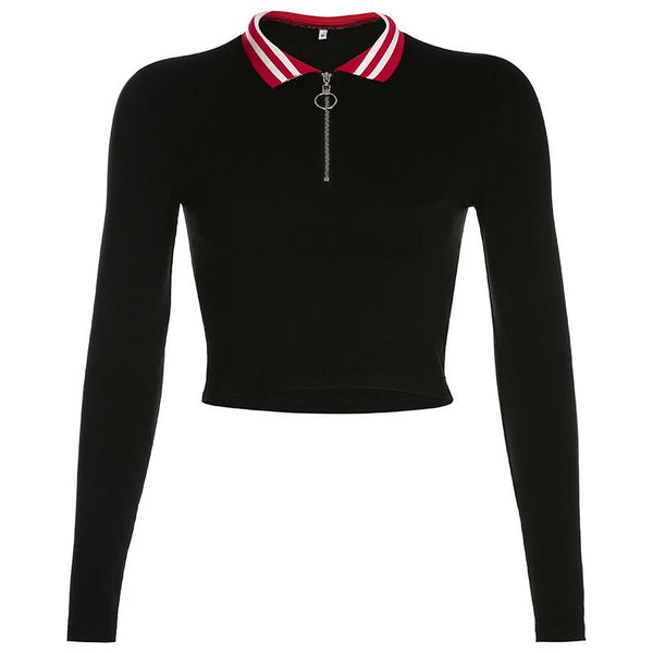 Fashion Women Lapel Long-sleeve Zipper Figure Flattering Cropped T-shirt