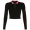 Fashion Women Lapel Long-sleeve Zipper Figure Flattering Cropped T-shirt