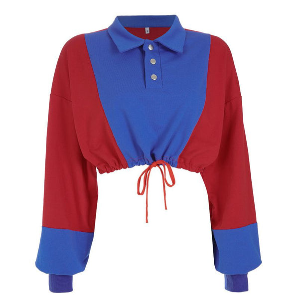 Fashion Color Blocking Style Lapel Lantern Sleeve Drawstring Hem Sweatshirt