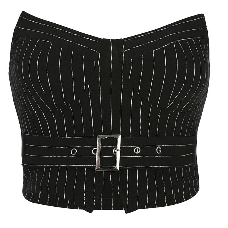 Edgy Style Women Stripe Print Metal Buckle Belt Design Fashion Tube Top