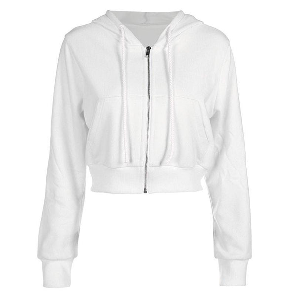 Women Fashion Long-sleeve Zipper White Basics Hoodies