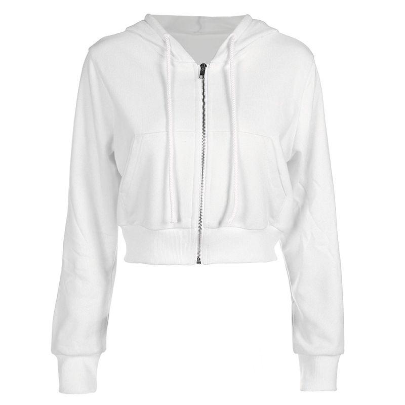 Women Fashion Long-sleeve Zipper White Basics Hoodies