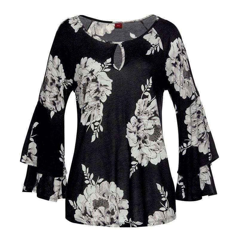 Women Casual Cool Shoulder Flare Sleeve Flower Print Loose Blouses