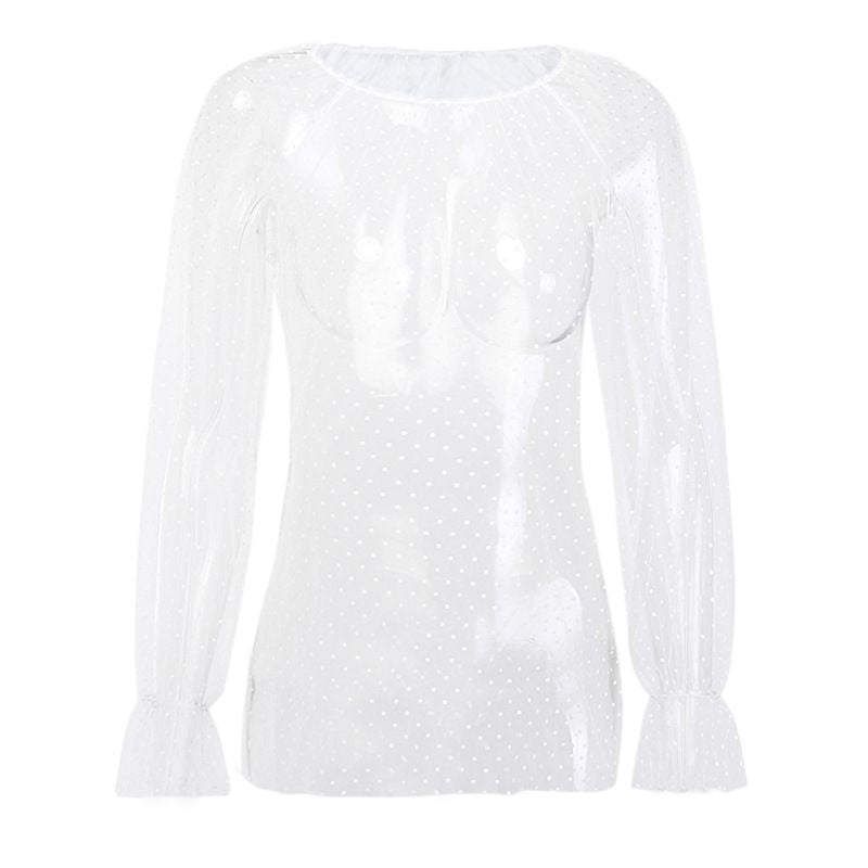 Hot Sale Women Round Collar Flare Sleeve Dotted See-through Blouses