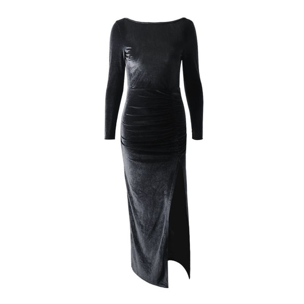 Elegant Women Velvet Fabric Long-sleeve Side-slit Bodycon Dress