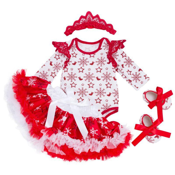 Christmas Baby Girl Cotton Snowflake Print Bodysuit And Tutu Skirt Red Set