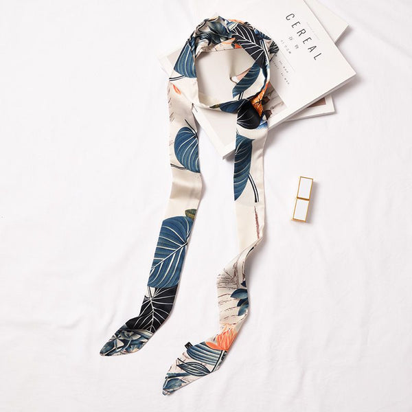 Creative Long Length Women Plant Printed Satin Skinny Scarf