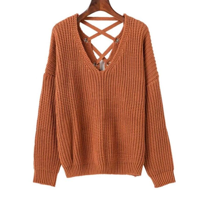 Women Sexy Backless Knitting Pullover Lace Up Oversize Sweater