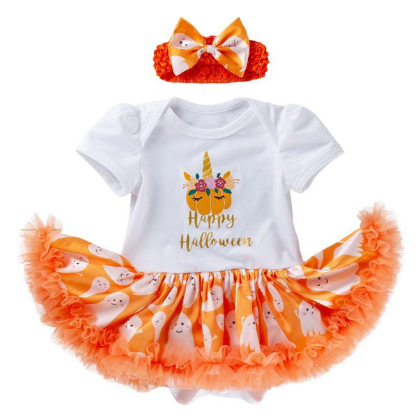 2 Pcs Halloween Set Baby Infant Girl Cotton Pumpkin Print Short Sleeves Patchwork Orange Bodysuit With Headband