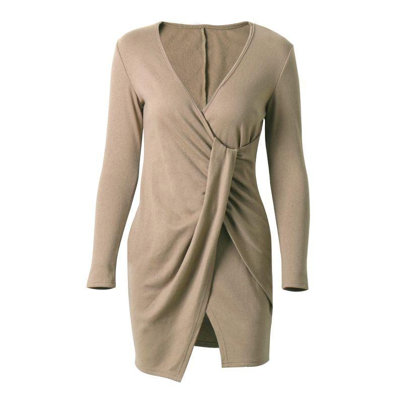 Women Sexy Deep V Neck Irregular Hem Long-sleeve Dress