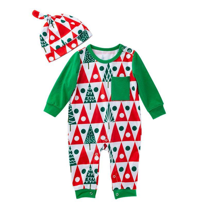 2 Pcs Christmas Set Baby Infant Cotton Geometric Tree Print Jumpsuit And Hat