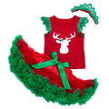 3 Pcs Christmas Set Baby Infant Girl Lace Sleeve Elk Print T-shirt And Tutu Skirt With Headband