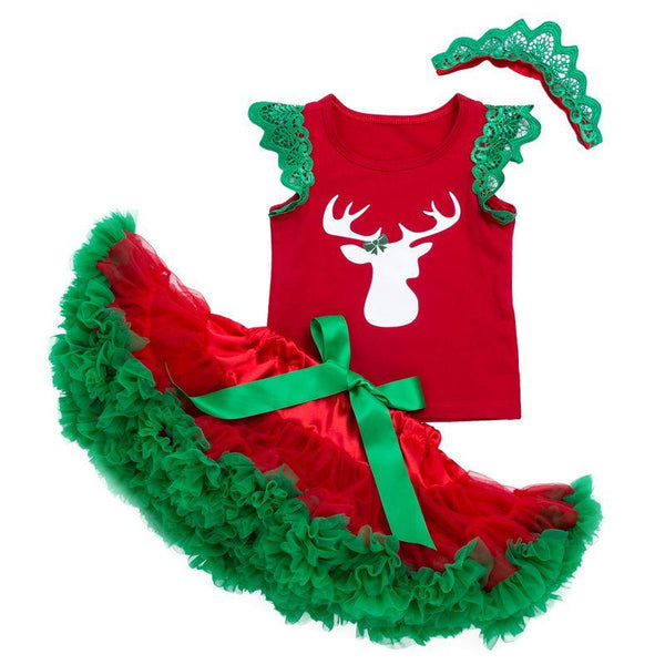 3 Pcs Christmas Set Baby Infant Girl Lace Sleeve Elk Print T-shirt And Tutu Skirt With Headband