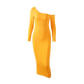 Elegant Women Oblique Shoulder Long-sleeve Solid Color Bodycon Maxi Dress