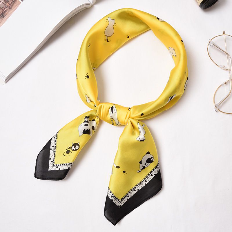 Cute Cat Printed Sweet Girl Bright Color Satin Scarf