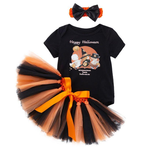 3 Pcs Set Halloween Baby Girl Cotton Print Black Bodysuit And Color Blocking Tutu Skirt With Headband