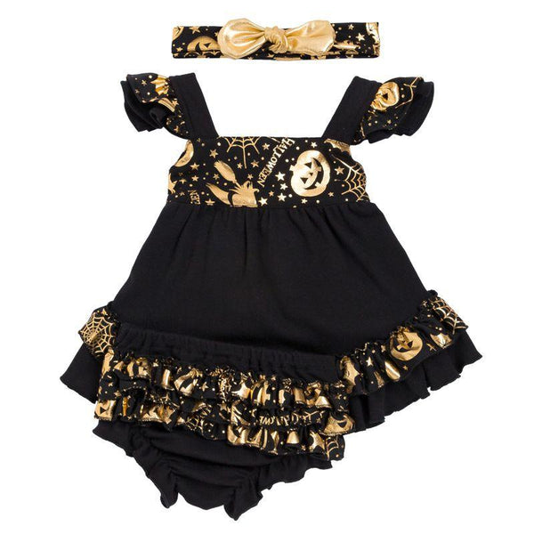 3 Pcs Set Baby Girl Halloween Pumpkin Print Ruffle Sleeves Dress And Short With Headband