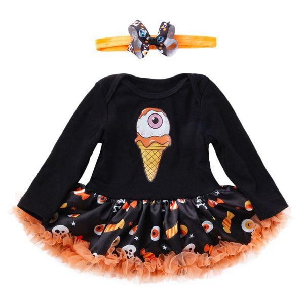 2 Pcs Set Halloween Baby Infant Girl Print Patchwork Bodysuit And Headband