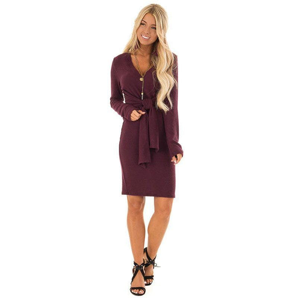 Women Fashion V Neck Long-sleeve Lace-up Solid Color Midi Dress