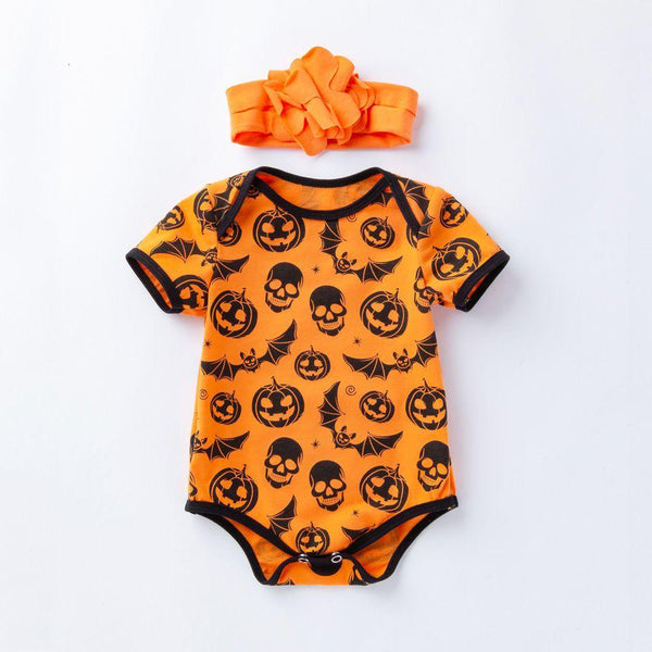 2 Pcs Set Baby Girl Cotton Halloween Pumpkin Print Bodysuit And Headband