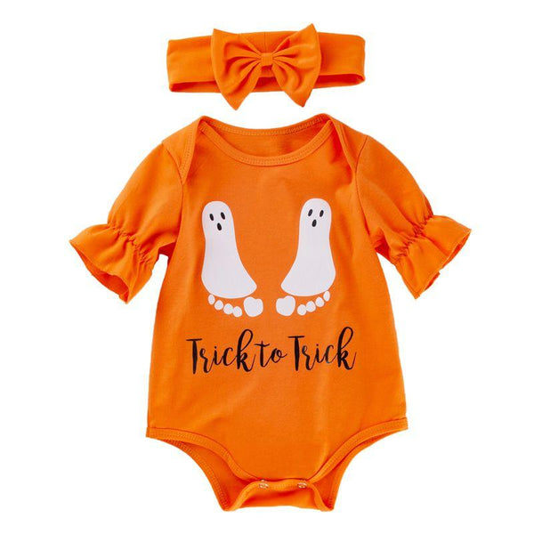 2 Pcs Set Baby Girl Cotton Halloween Orange Bodysuit And Headband
