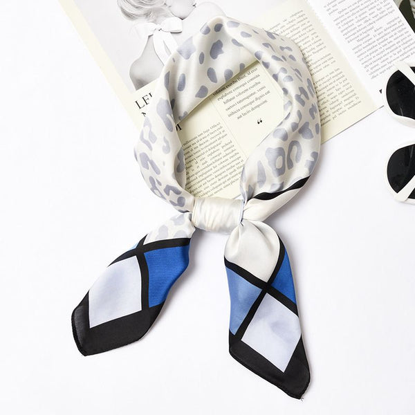 Color Blocking Square Pattern Fresh Leopard Print Satin Scarf